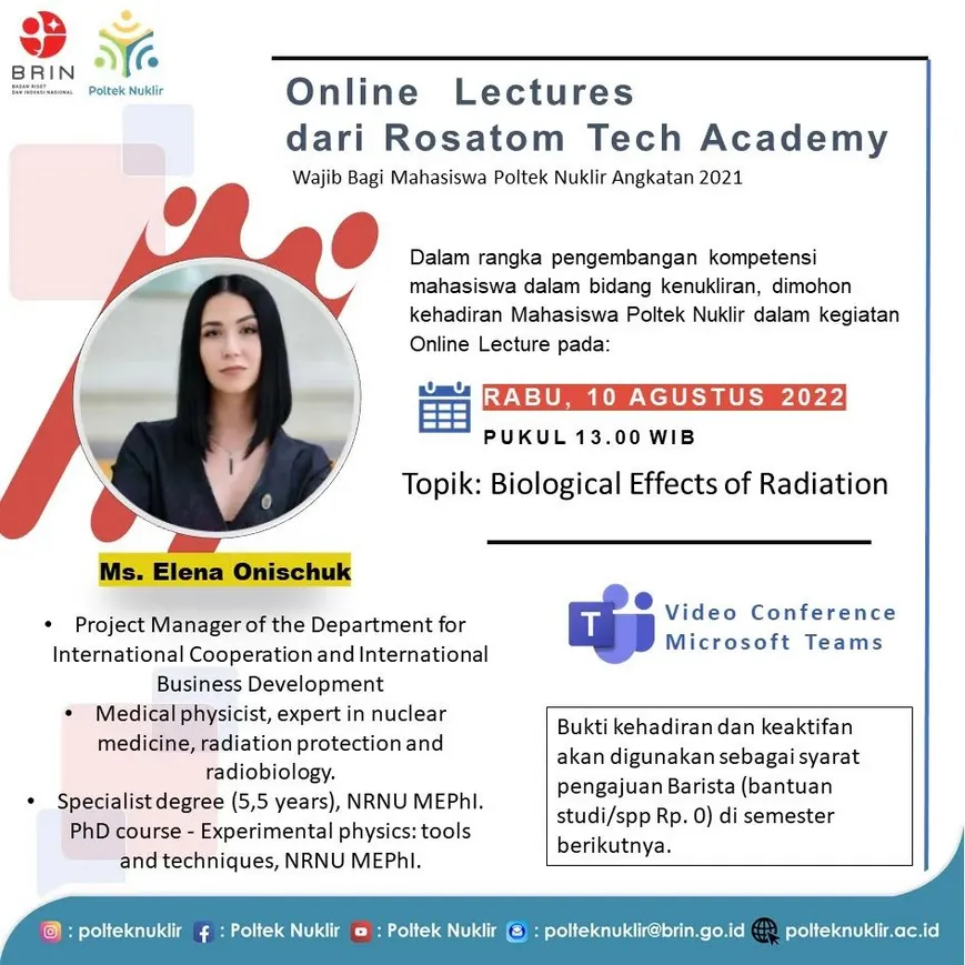 A series of online lectures for the Polytechnic Institute of Nuclear Technology of Indonesia (PINT) has started at the Rosatom Technical Academy